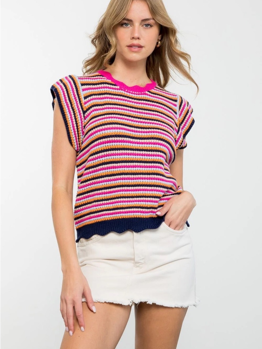 THML Striped Knit Tank in Pink, Navy and Cream. M